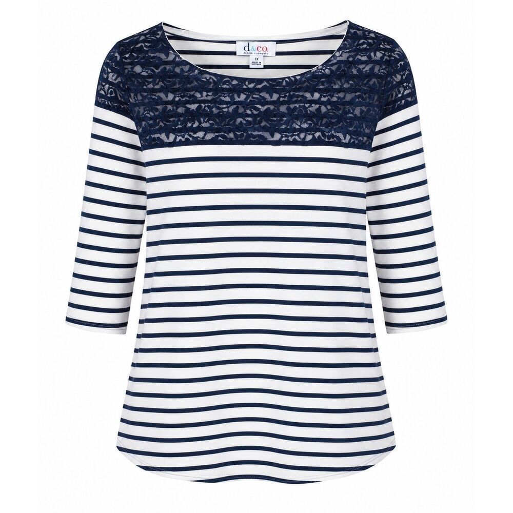 Denim Co Striped Blouse Womens Plus Size 1X Lace Yoke Top 3/4 Sleeve Nautical
